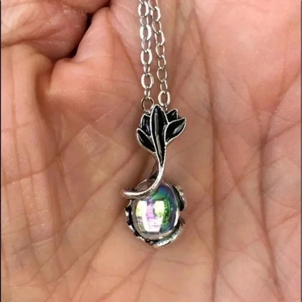 Petite Iridescent Flower Stone Pendant Necklace NWT